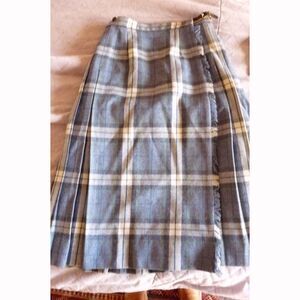 Vintage Scotland blue tan tartan knife pleated plaid Kilt wrap skirt 24" waist S